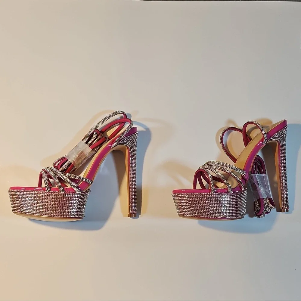 Cathy Jean Hot Pink Synthetic Rhinestone Strappy Platform Heel Open Toe Buckle 8